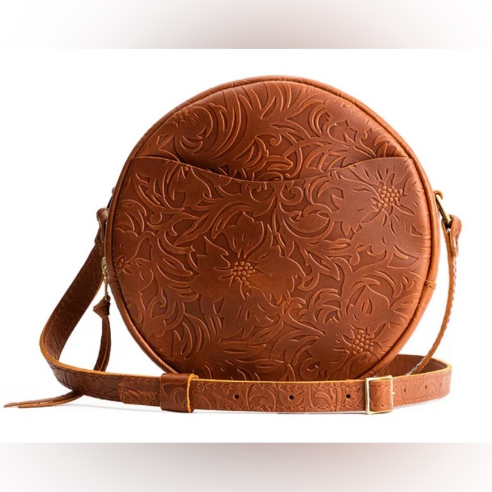 Portland Leather Large Circle Crossbody Color - Meadow Tooled Leather New